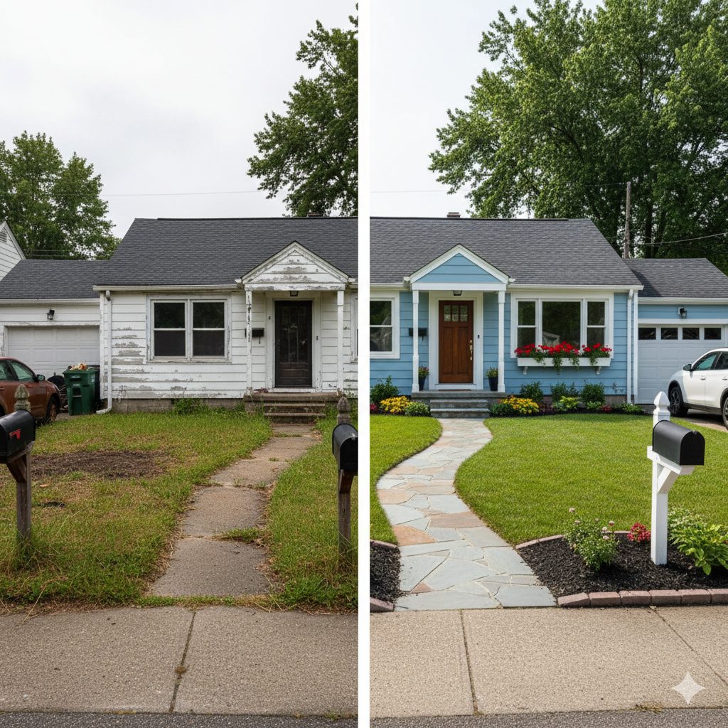 A side-by-side comparison showing a house before and after curb appeal improvements like new landscaping and a painted front door.