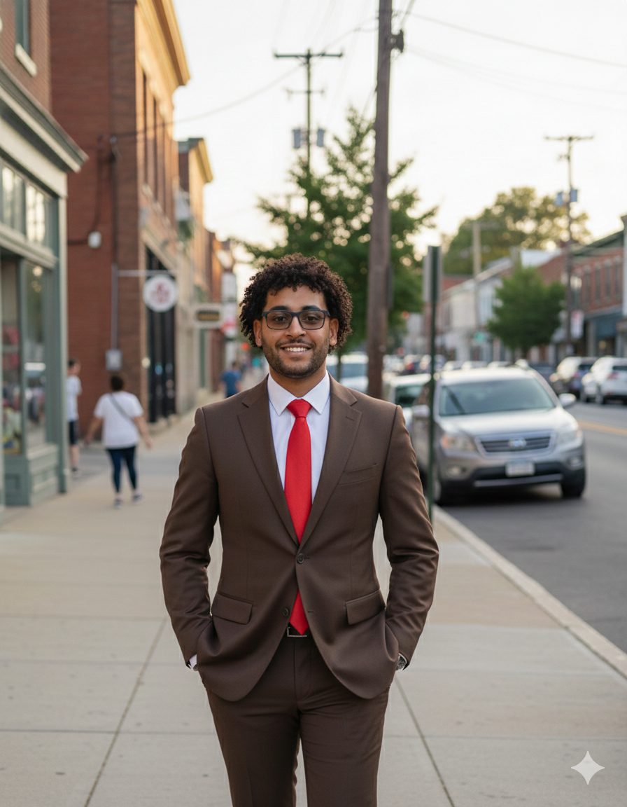 Professional man in a brown suit walking in downtown Middletown, NY, discussing the 2026 housing market.