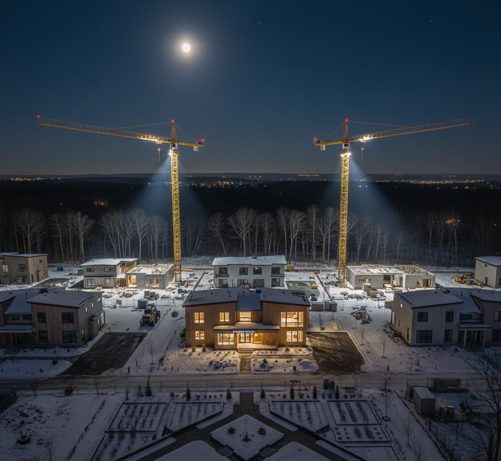 Night view of Rock Tavern new construction at The Aerie Preserve in 2026, featuring luxury sustainable homes under construction with a light layer of snow and bright site lighting.
