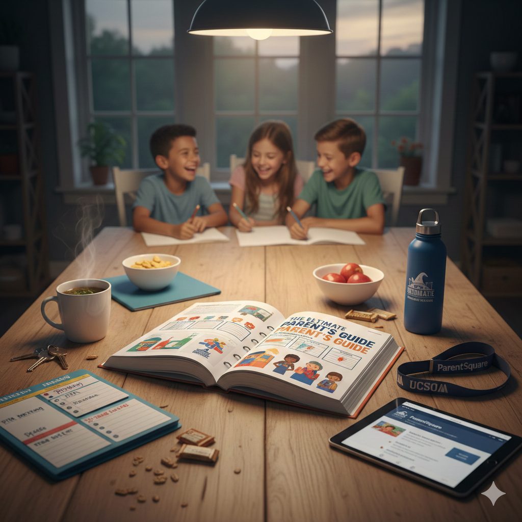 An open textbook titled 'The Ultimate Parent’s Guide' on a wooden table with school supplies, a ParentSquare lanyard, and children studying in the background.