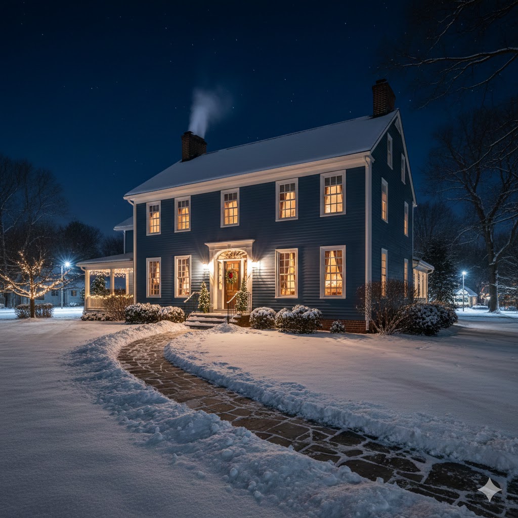 Charming blue colonial home in Washingtonville, NY 10992 covered in snow at dusk, featuring warm interior lighting and a stone walkway.