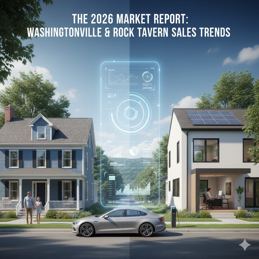 A modern and traditional home in Washingtonville and Rock Tavern with data overlays showing 2026 real estate trends.