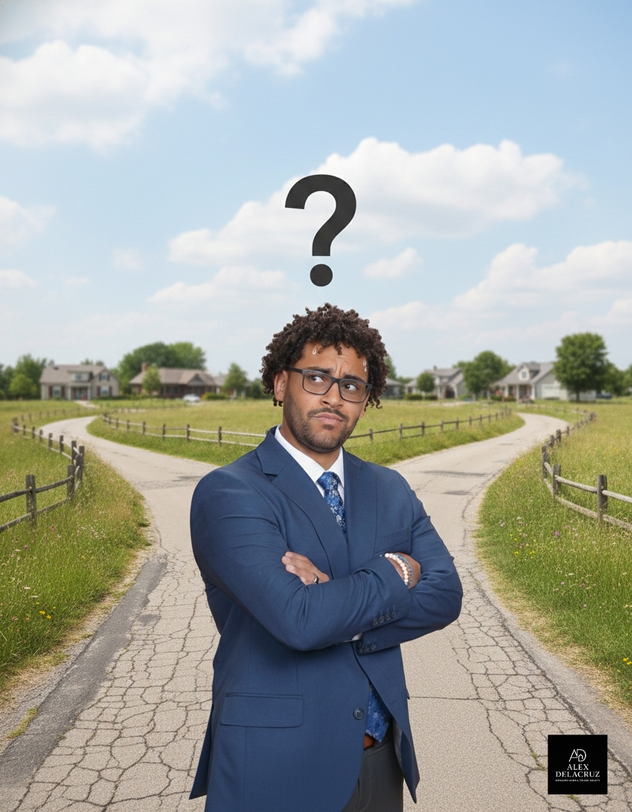 Man in blue suit deciding between moving to Westwood or Eastwood, contemplating suburban vs urban living, house hunting dilemma illustration.