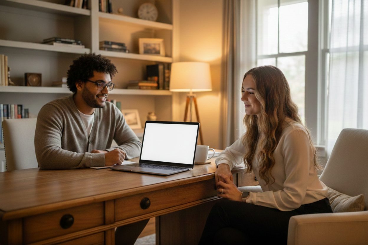Top realtor with Howard Hanna Rand Realty, dressed in a casual grey cardigan, sits in a luxurious, cozy office at a wooden desk. He is smiling while looking at a laptop screen during a professional consultation.