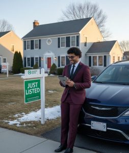Howard Hanna Rand Realty agent in a burgundy suit with a Chrysler Pacifica, standing next to a green 'Just Listed' sign in a Middletown, NY residential neighborhood during February.
