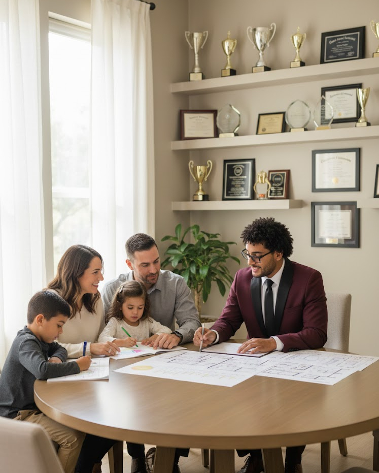 A professional real estate agent in a burgundy suit with a black lapel discussing a home selling strategy with a young couple and their two children in a sunlit, modern office in Middletown, NY.