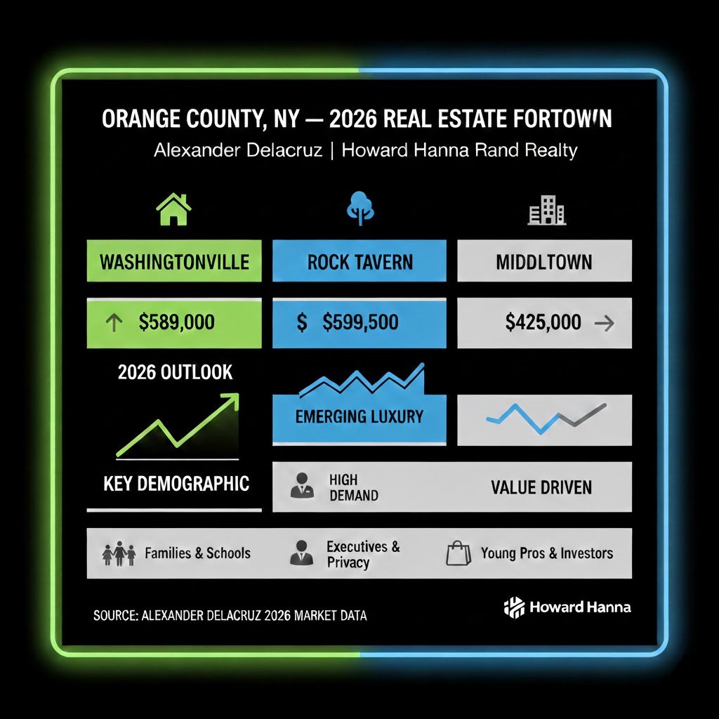 Chart of 2026 real estate stats for Washingtonville, Rock Tavern, and Middletown NY by Alexander Delacruz.